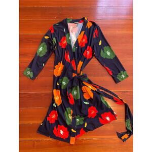 NWT Tucker Rachel Jersey Wrap Dress in Navy Poppies Bamboo Cotton - Sz L